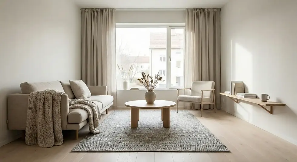 Minimalist living room with beige sofa, knit blanket, and a wooden table holding a vase. Soft light through large window, cozy and serene mood.