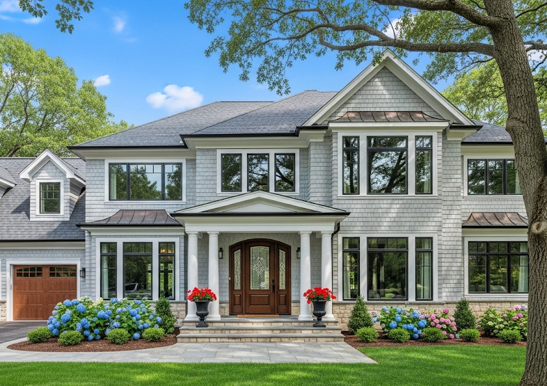 Large modern house with gray siding, white columns, and a wooden door. Vibrant flowers line the garden. Blue sky and trees in background.