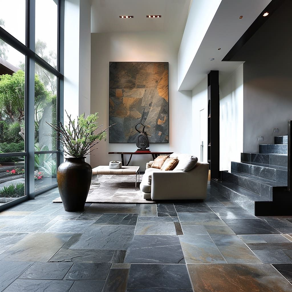 Modern living room with large windows, stone floor, white sofa, and abstract art. Natural light and greenery create a serene atmosphere.