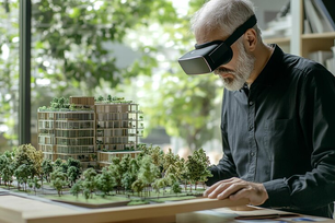 Man wearing VR headset examines an architectural model of a building surrounded by trees. Bright, natural setting with green foliage.