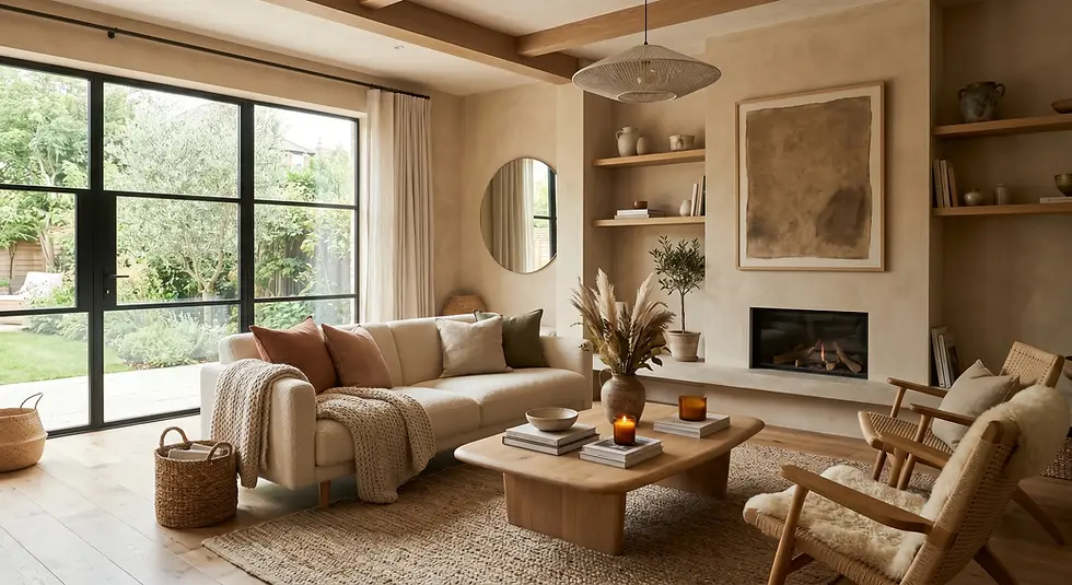An image of a cozy, modern living room with natural textures and a calm aesthetic. On the left, a large, black-framed window wall opens to a lush garden. A light-colored boucle sofa with various decorative pillows is centered on a woven jute rug. In front is a low wooden coffee table with books, candles, and pampas grass.