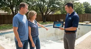 A couple discusses pool renovation with a man holding a tablet showing a pool design. They're standing by an empty pool in a sunny yard.