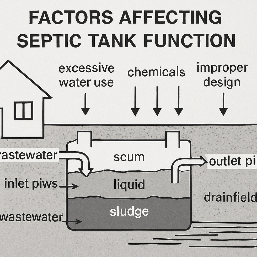 Diagram showing septic tank with labeled parts: scum, liquid, sludge. Arrows indicate issues: excessive water use, chemicals, design flaws.