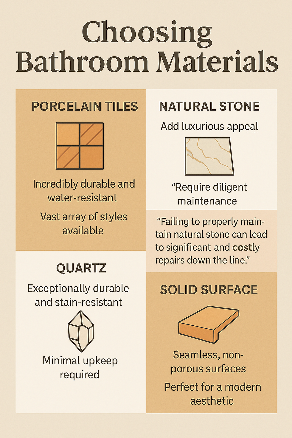 Choosing bathroom materials: porcelain tiles, natural stone, quartz, and solid surface, highlighting durability, maintenance, and style.