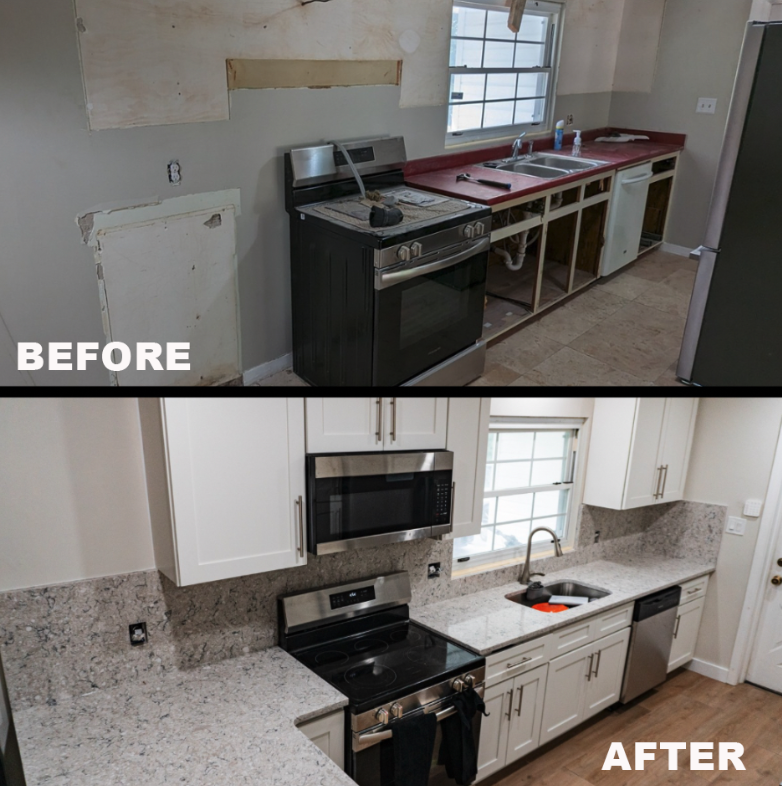 Split image showing a kitchen renovation. Top: unfinished kitchen with bare walls and red countertops. Bottom: modern kitchen with white cabinets and granite countertops.