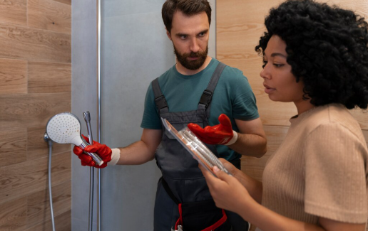 Man in work clothes holds shower parts, discussing with woman holding instructions. They're in a bathroom with wood-paneled walls.