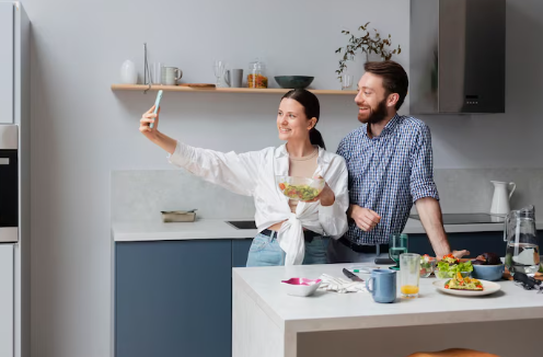 A woman takes a selfie with a man in a modern kitchen. They appear happy, surrounded by food and drinks on a white countertop.