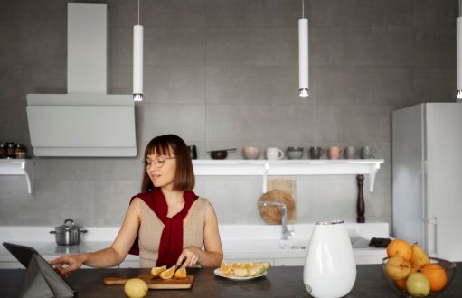 Woman in kitchen cutting citrus fruits, checking tablet. Modern setting with gray walls, pendant lights, white appliances, and fruit bowl.