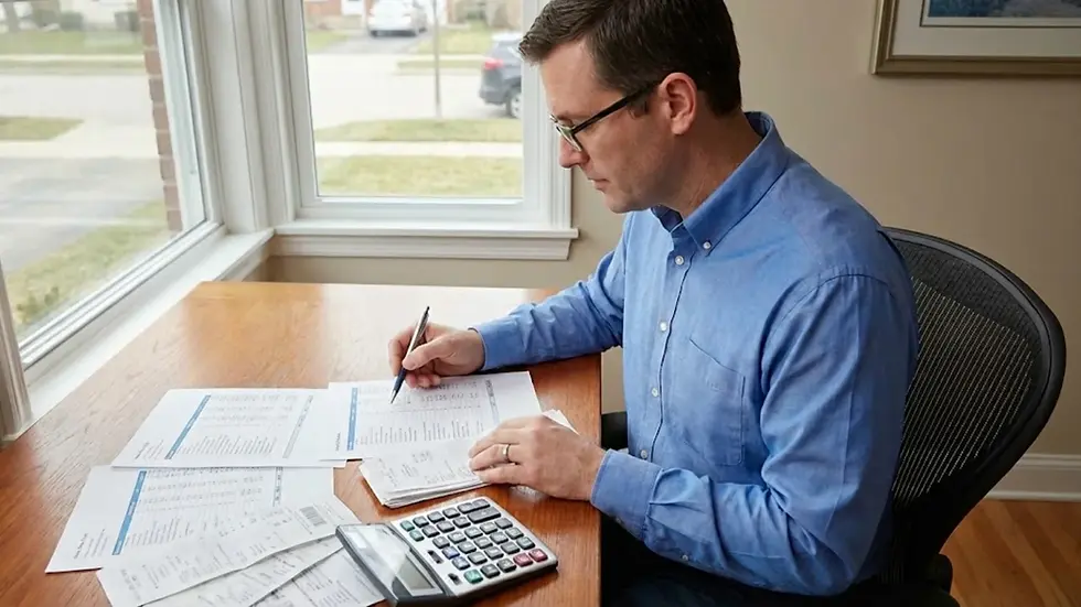 Man in blue shirt calculating bills at a wooden table by a window. Papers and calculator are present. Focused and organized setting.
