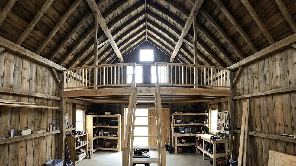 Wooden barn interior with shelves holding tools, a central ladder leading to a loft, and a high, vaulted ceiling. Bright window light.