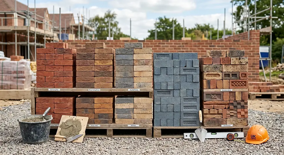 Stacks of varied bricks on wooden pallets at a construction site. Tools and a helmet labeled "UK cons" on gravel in the foreground.