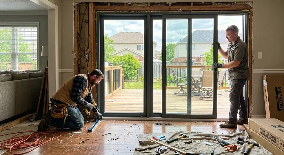 Two men install a sliding glass door in a house. One measures with a level; the other holds the door. Tools and a box are nearby on a wooden floor.