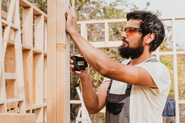 Man measuring wood with tape measure on construction site. Wearing glasses and overalls. Framing in background, sunny day.