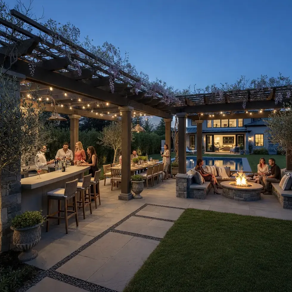 Outdoor evening gathering with people at a bar and around a fire pit, under string lights on a pergola, near a modern house and pool.