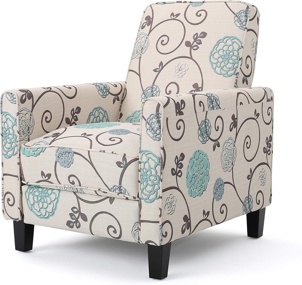 Beige armchair with blue floral and vine pattern, dark wooden legs. No text. Calm and stylish setting.