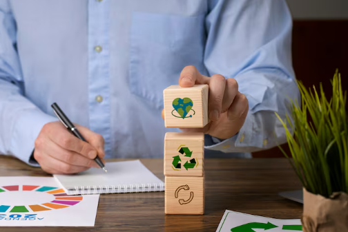 Person in blue shirt arranging eco-themed blocks on a wooden desk, with a pen in hand and green plant nearby. Recycle symbols visible.