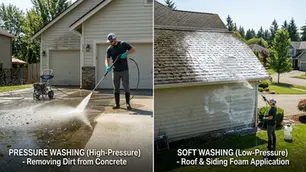 Man pressure washing concrete, removing dirt in front of a garage; another applies foam to a roof in a suburban setting.