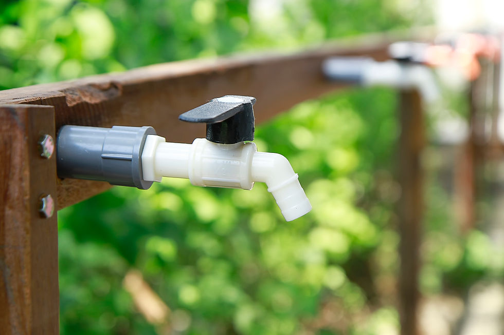 White plastic faucet with a black handle on a wooden stand, in a garden setting. Blurred green foliage in the background.