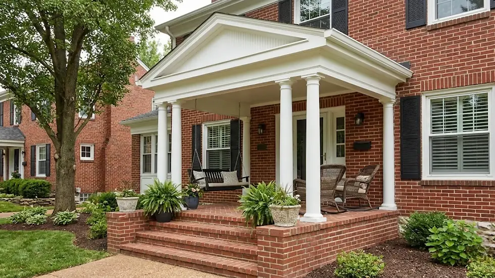 Brick house with a white columned porch, a swinging bench, and potted plants. Green lawn and trees in the foreground, creating a welcoming vibe.