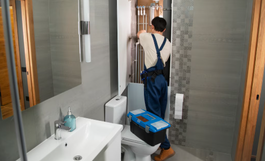 A plumber in blue overalls works on a bathroom radiator. A toolbox rests on the toilet. The bathroom has gray tiles and a white sink.