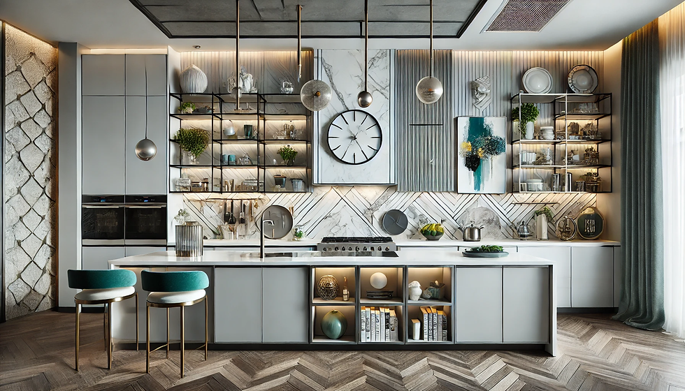 Modern kitchen with marble backsplash, open shelves, and a large clock. Two teal barstools, pendant lights, and patterned wood floor.