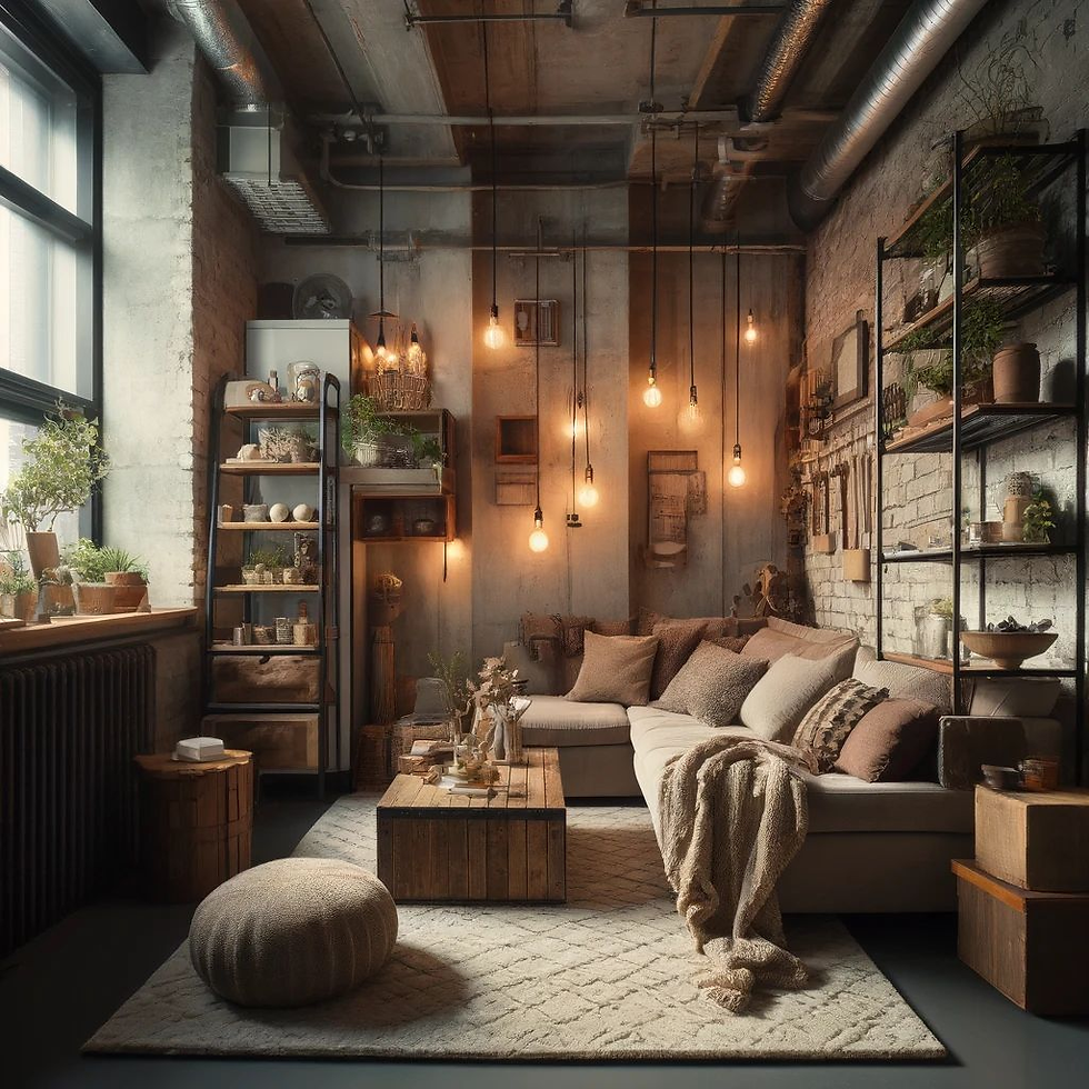 Cozy living room with a beige couch, pillows, and a knitted throw. Exposed bulbs hang from the ceiling. Shelves have plants and decor. Industrial vibe.