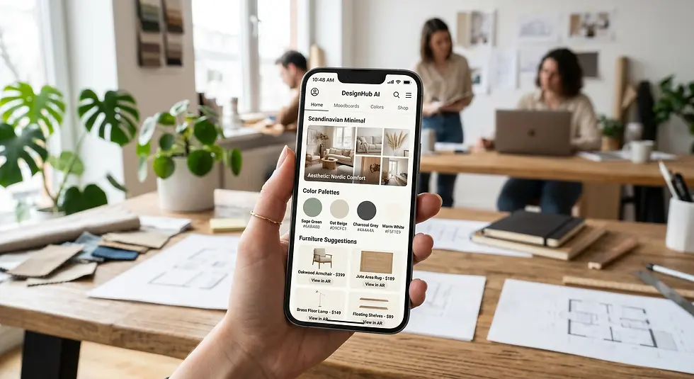 Hand holding a smartphone with interior design app. Wood desk with design plans, fabric swatches, and people working in the background.