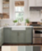 Elegant kitchen with sage green cabinets, white farmhouse sink, and stainless steel stove. Light streaming through window. Earthy tones.