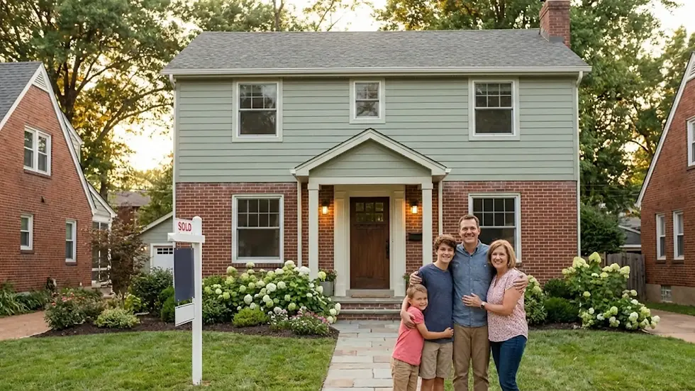 Family of four smiles in front of a newly purchased house with a "SOLD" sign. Brick exterior, green siding, and flowers in the garden.