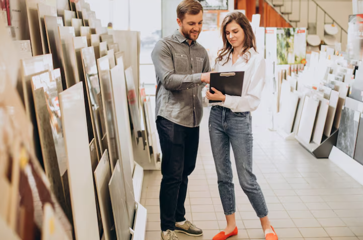 Two people in a tile store, discussing options. One holds a clipboard, others showing tiles. Bright, organized setting with natural light.