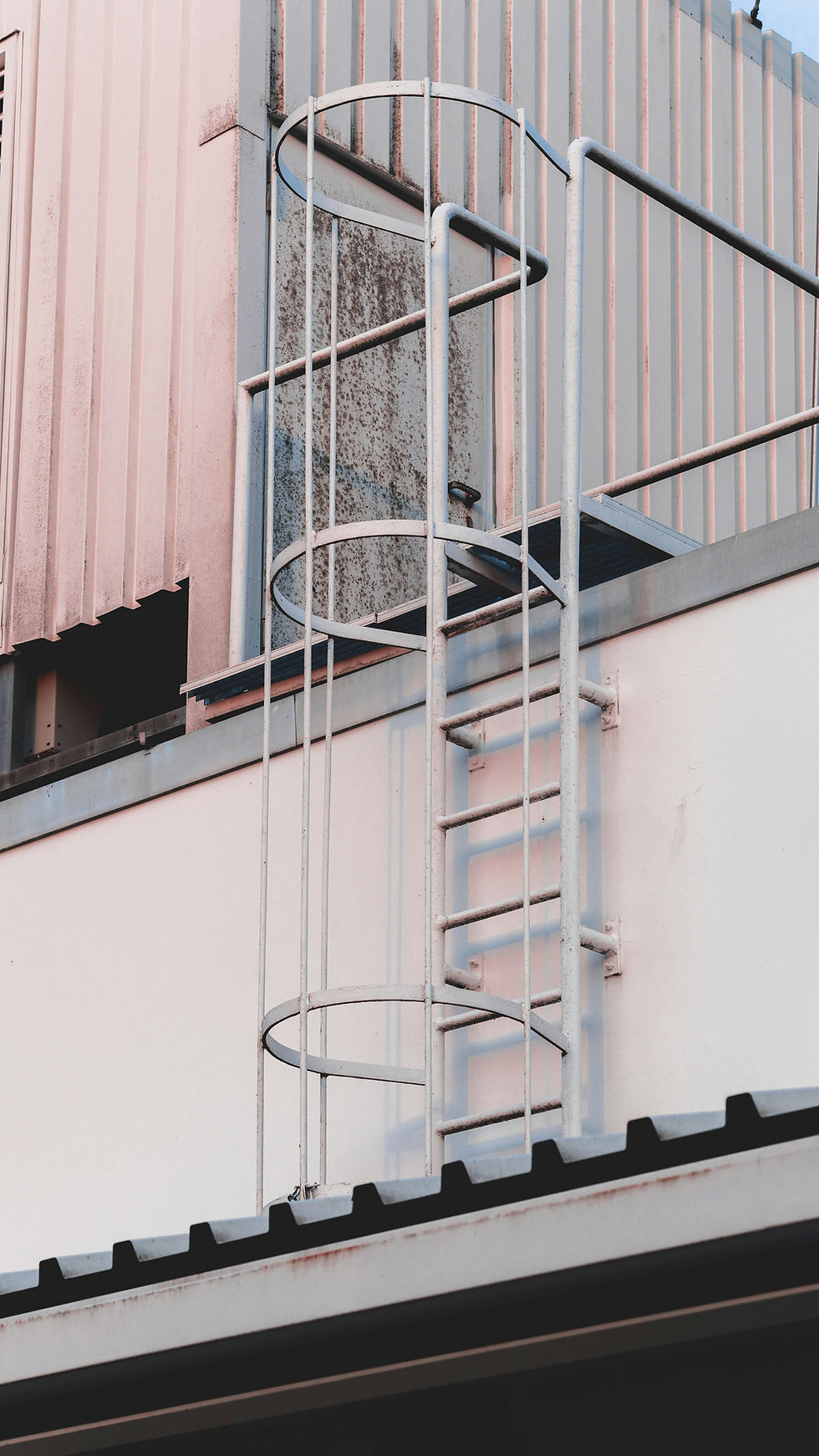 Rusty metal ladder on a pink industrial building with vertical lines, casting soft shadows. Urban, industrial setting.