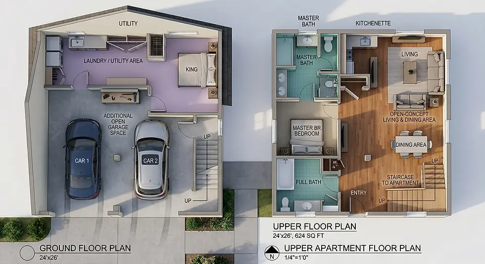 Apartment floor plan with garage and utility area on ground floor, and master bedroom, bath, kitchenette, and open living area upstairs.