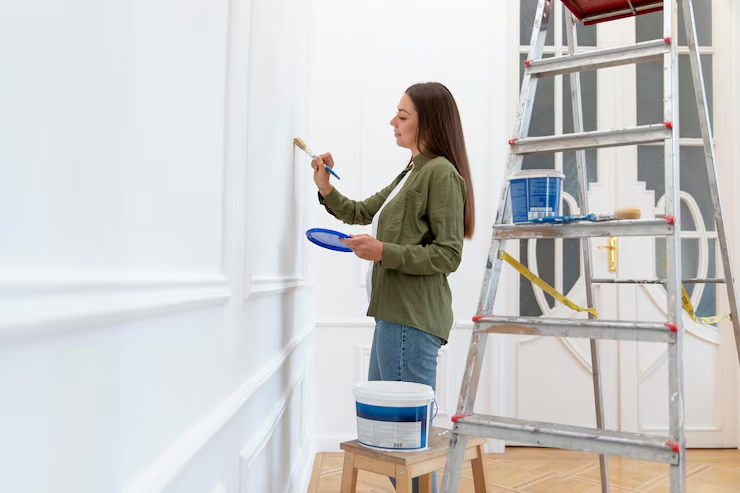 A woman in a green shirt paints a white wall with a brush and blue plate. Ladder and paint bucket nearby in a bright room.