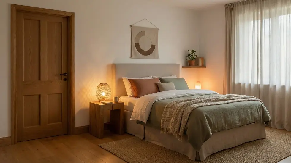 Cozy bedroom with earth-toned bedding, a soft beige headboard, and warm lighting. A tapestry hangs above, and a plant sits on a shelf.
