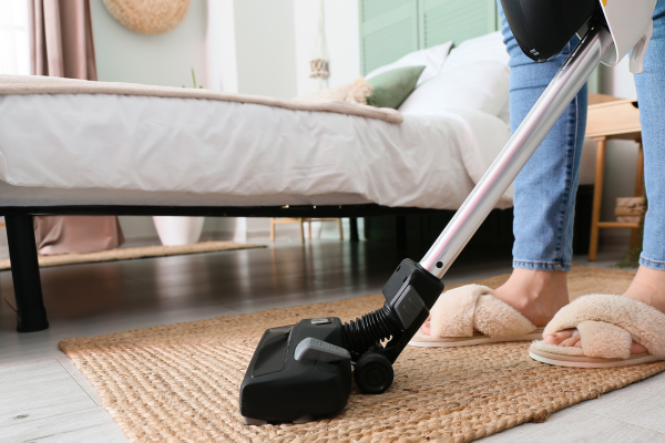 Bare feet in slippers vacuum a beige rug in a cozy bedroom. A bed with white sheets and green pillows is in the background. Cozy, tidy scene.