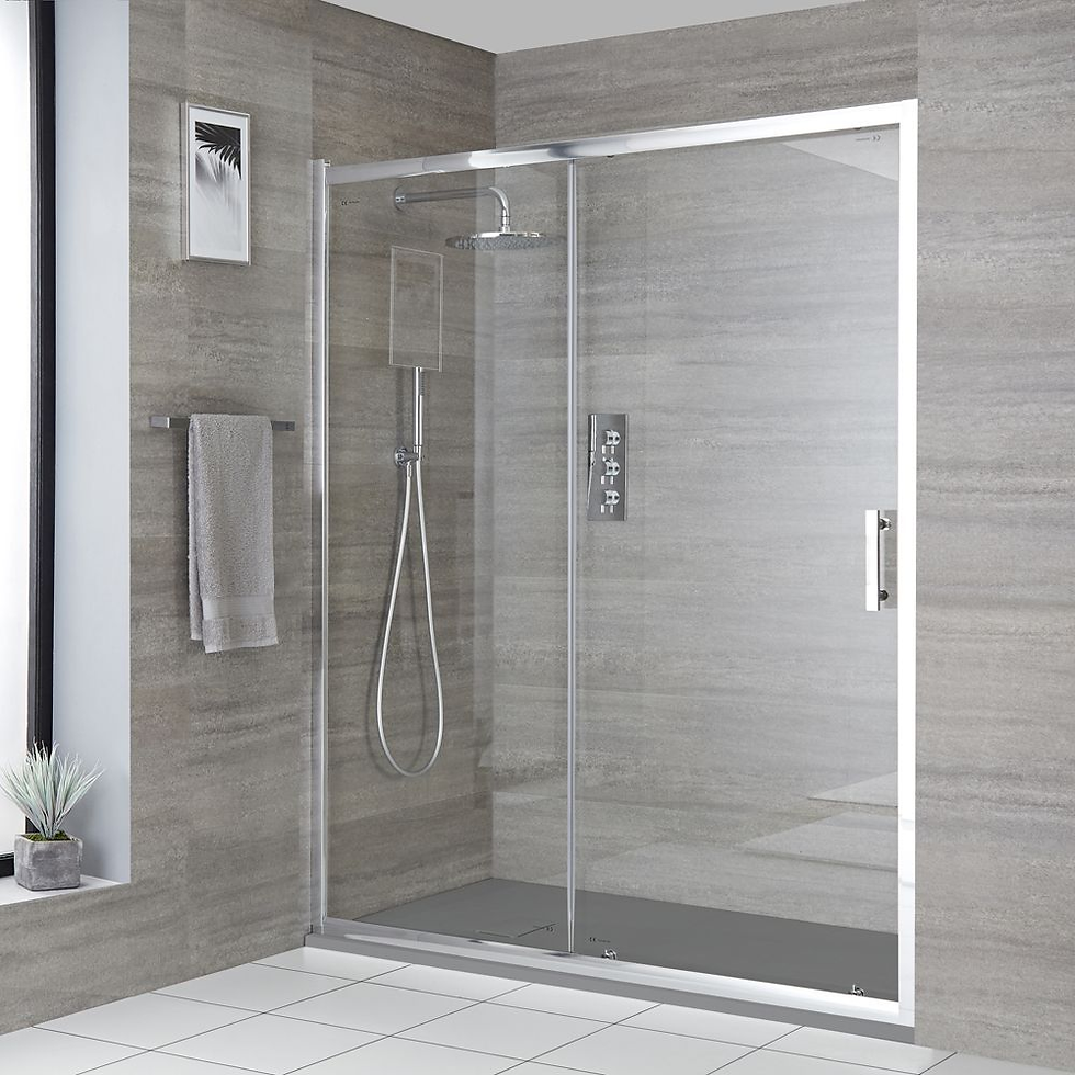 Gray Shower Enclosure: Gray and White Bathroom Design