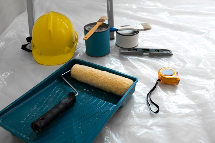 Painting tools on plastic sheet: paint roller in tray, brushes, paint cans, yellow hard hat, spirit level, and tape measure.