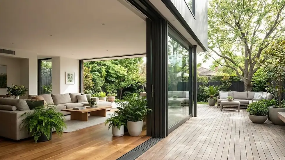 Modern living area with beige sofas and plants, opens to a wooden deck and garden. Bright, airy ambiance with greenery and large trees.
