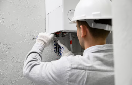 A worker in a white hard hat and gloves installs a wall-mounted device in a gray room. Textured walls create a focused atmosphere.