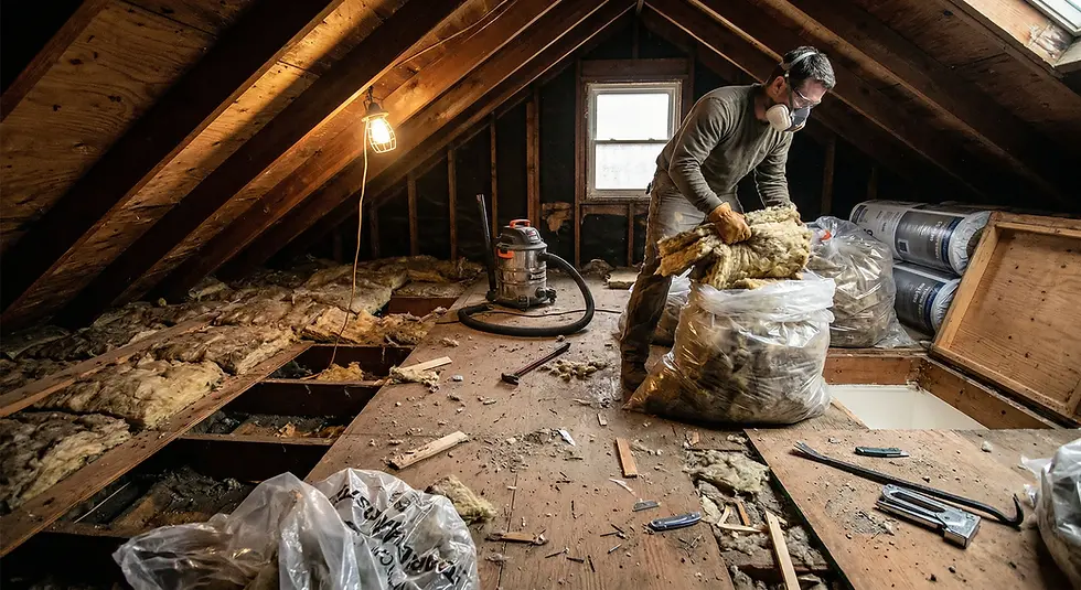 Man in attic wearing mask and gloves, placing insulation into a bag. Exposed wooden beams, hanging bulb, and tools scattered on floor.