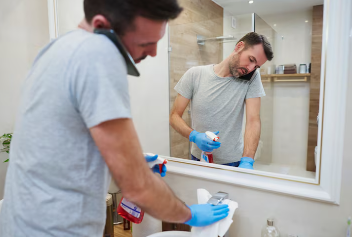 Man cleaning a bathroom sink with blue gloves while talking on the phone. He's wiping the faucet with a cloth and spray bottle.