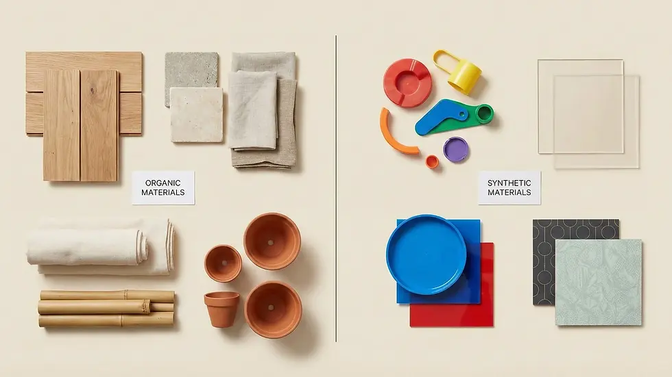 Organic materials like wood and linen on the left; colorful synthetic materials on the right with labels. Neutral background.