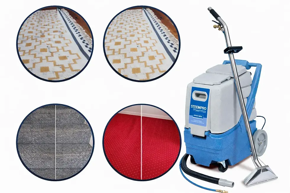 Steam cleaner with hose and wand, labeled "STEEMPRO Powermax", beside four circles showing carpet cleaning results on different patterns.