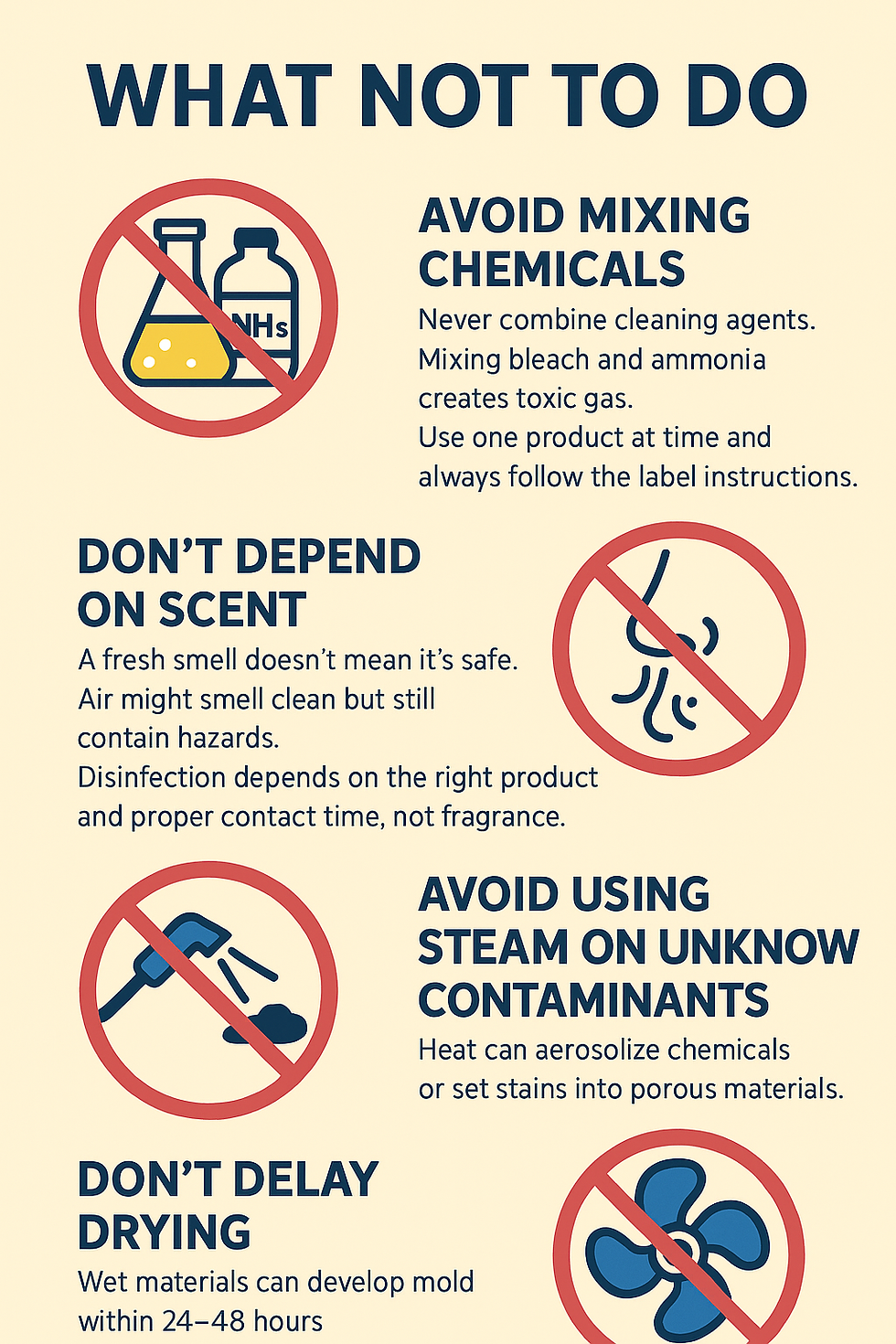 Infographic titled "What Not To Do" with icons and text advising against mixing chemicals, relying on scent, using steam, and delaying drying.