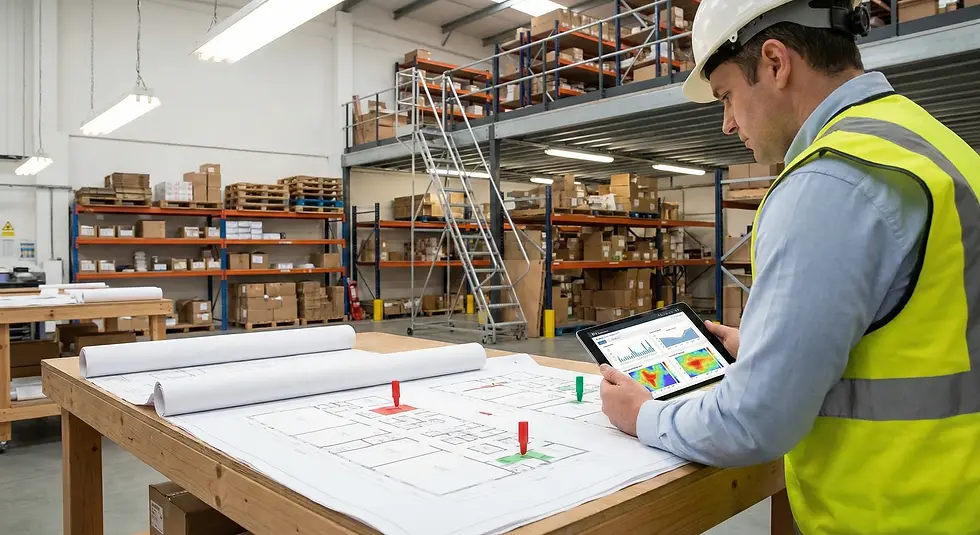Man in yellow vest and hard hat examines tablet near blueprints in a warehouse. Shelves with boxes in background, bright lighting overhead.