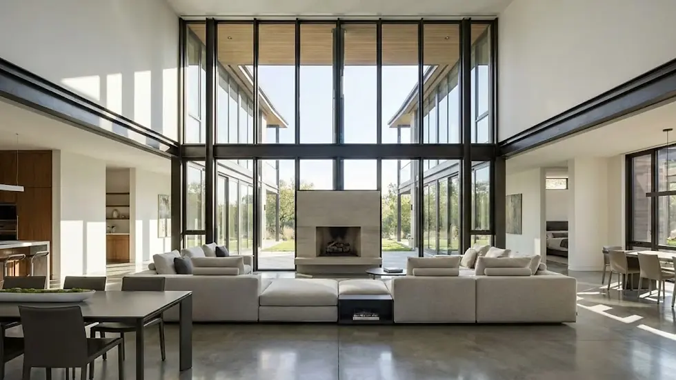 Modern living room with tall glass windows, beige couches, and a central fireplace. Sunlit, open space with a view of greenery outside.