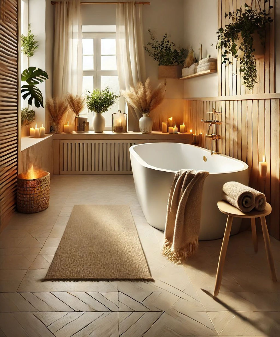 Cozy bathroom with a white tub, candles, and greenery. Soft beige tones, a small stool with towels, and a window with sheer curtains. Relaxing vibe.