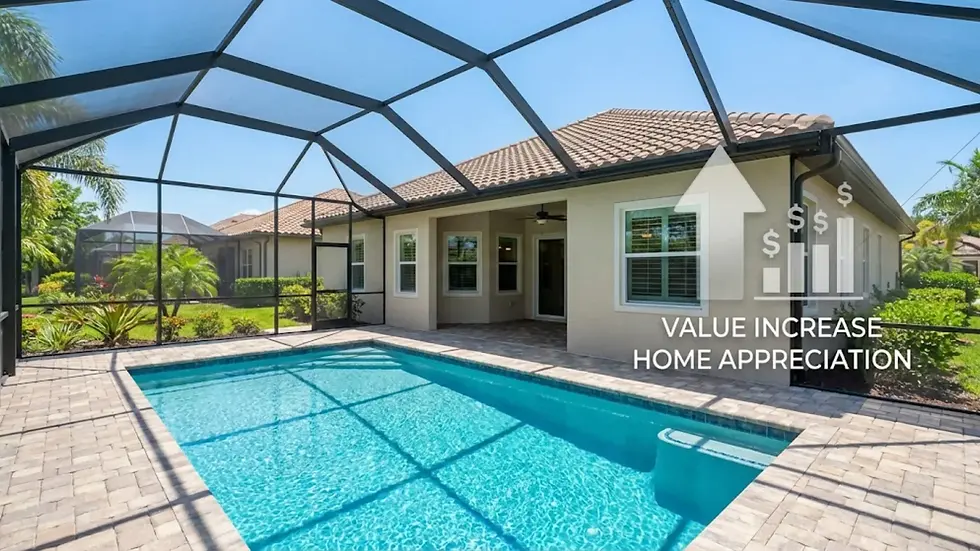 Screened pool area with clear blue water, beige house, and patio. Text: "Value Increase, Home Appreciation." Lush greenery under a sunny sky.