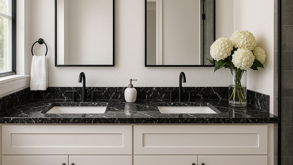 A black and white granite double-sink vanity with white cabinetry and two large rectangular mirrors.
