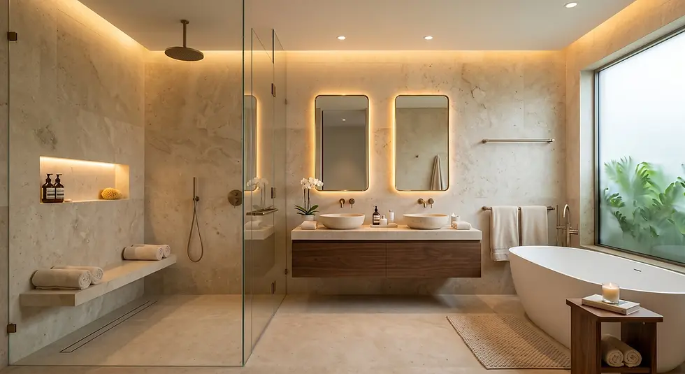 Modern bathroom with stone walls, two lit mirrors, vessel sinks, freestanding tub, and glass shower. Soft lighting creates a serene ambiance.